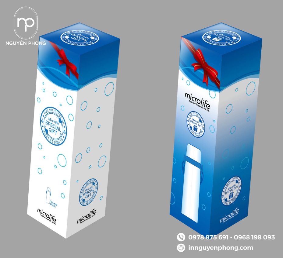 in hộp đựng bình giữ nhiệt chất liệu ivory